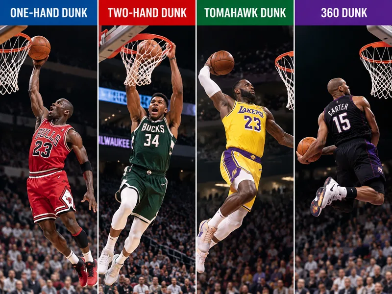 One-hand dunk, two-hand dunk, tomahawk hay 360 dunk là những biến thể úp rổ nổi bật với yêu cầu kỹ thuật khác nhau.
